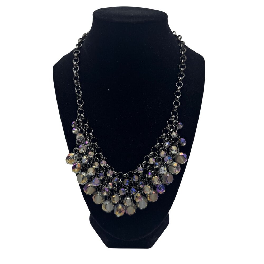 Iridescent Crystal Bead Cluster Necklace On Black Chain With Adjustable Lobster